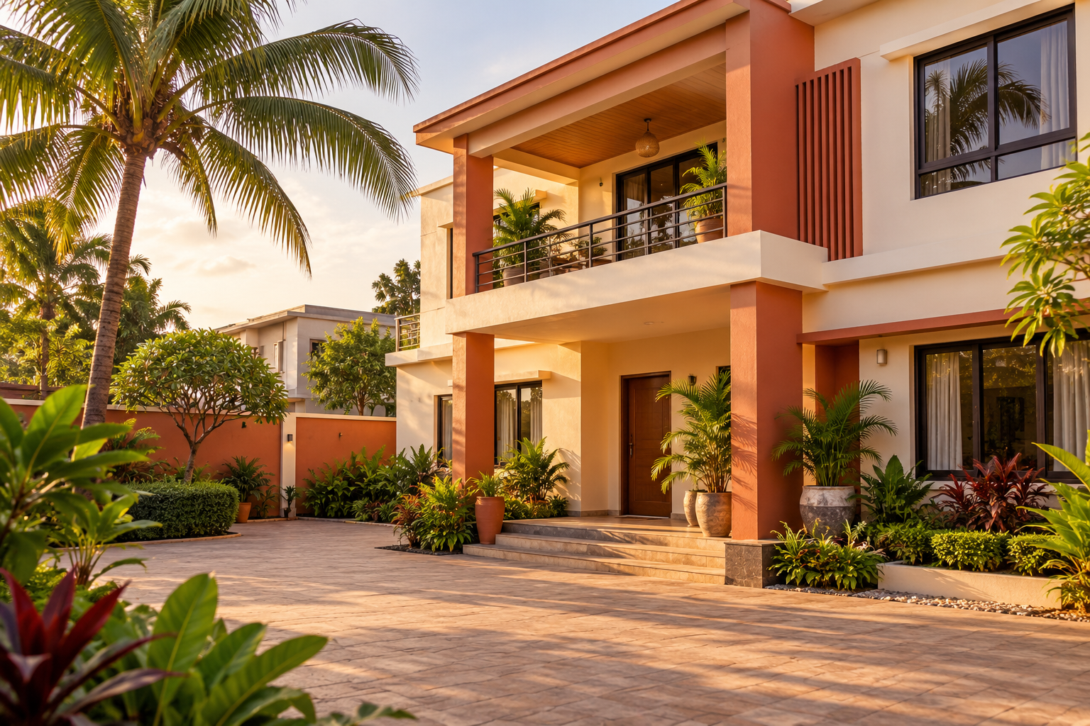 Illustration d’une maison tropicale avec balcon et cour végétalisée